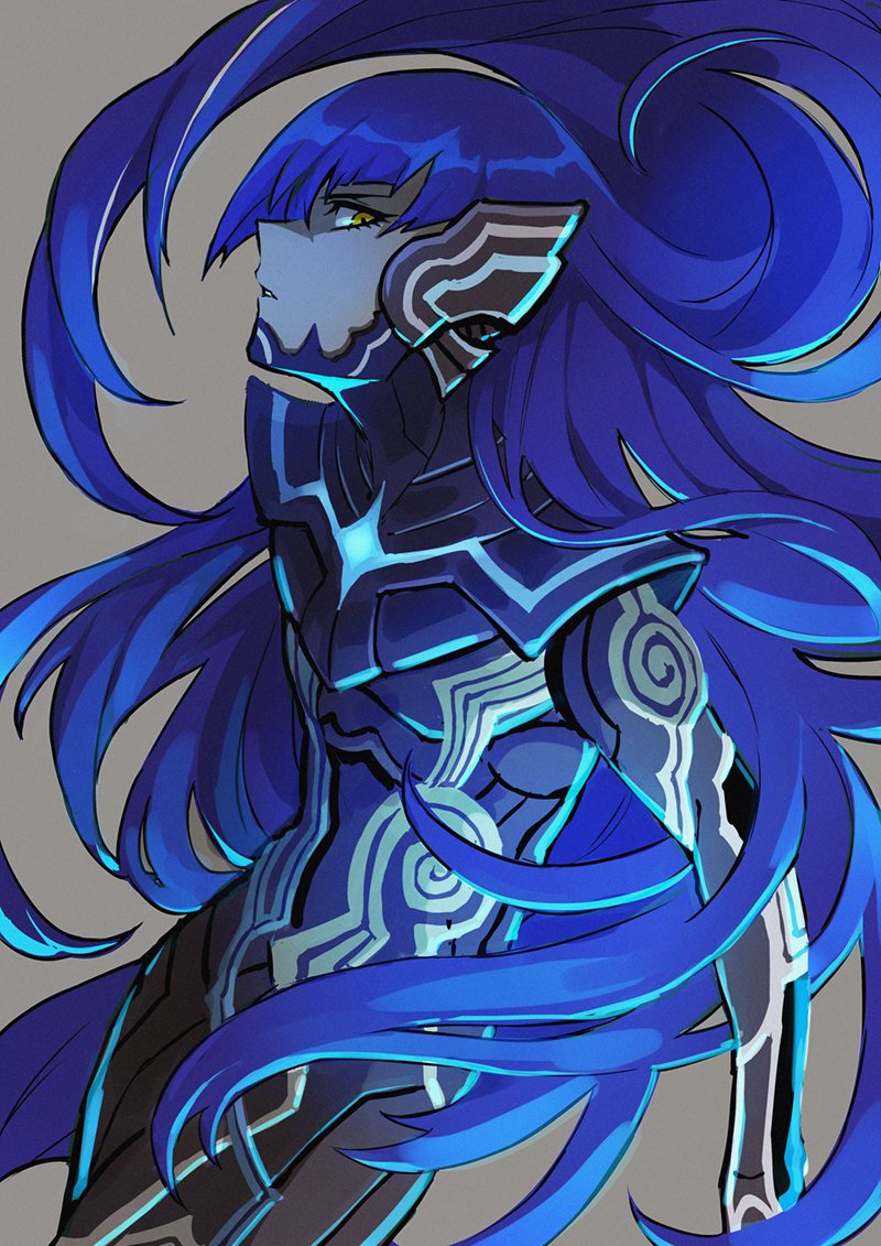 1boy, alternate_costume, blue_bodysuit, bodysuit, long_hair, looking_at_viewer, male_focus, matamataki, protagonist_(aogami_nahobino)_(smtv), protagonist_(smtv), shin_megami_tensei, shin_megami_tensei_v, short_hair, simple_background, skin_tight, solo, very_long_hair, yellow_eyes