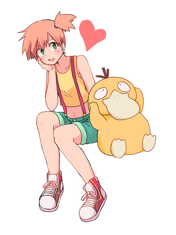 1girl, asymmetrical_hair, blush, breasts, denim, denim_shorts, eyelashes, gen_1_pokemon