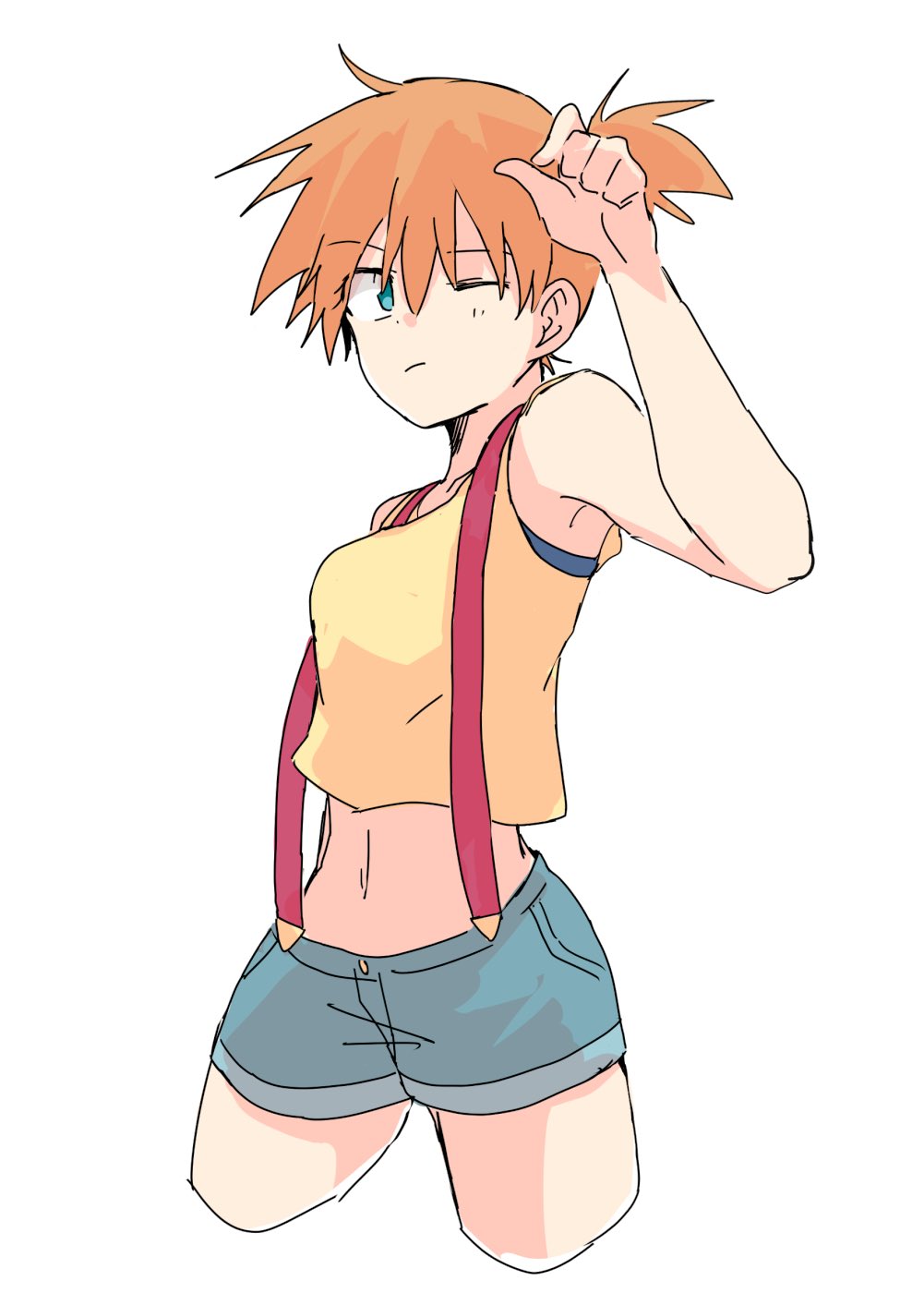 1girl, asymmetrical_hair, blush, breasts, closed_mouth, denim, denim_shorts, eyelashes, green_eyes, hair_between_eyes, hair_tie, highres, mamemtegun, misty_(pokemon), navel, nintendo, one_eye_closed, orange_hair, pokemon, pokemon_(anime), pokemon_(classic_anime), ponytail, shirt, short_hair, shorts, side_ponytail, source_request, spread_legs, suspenders, tank_top, wink, yellow_shirt, yellow_tank_top
