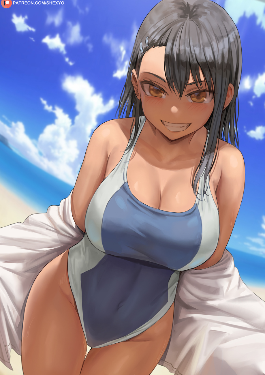 1girl, alternate_breast_size, black_hair, breasts, brown_eyes, cleavage, cloud, cloudy_sky