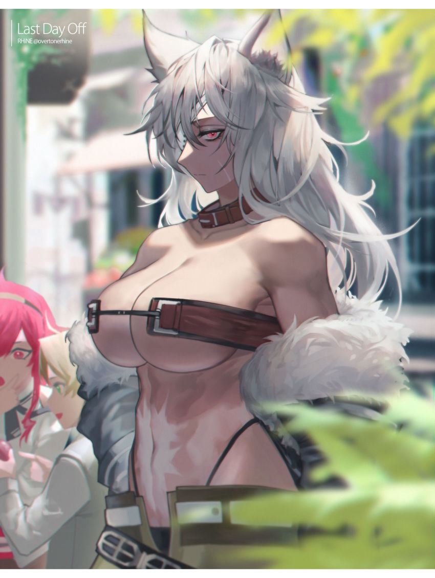 1boy, 2girls, animal_ears, bikini, breasts, cat_ears, choker, dark-skinned_female, dark_skin, eris_greyrat, eyepatch, facial_scar, fur-trimmed_jacket, fur_trim, ghislaine_dedoldia, highleg, highleg_bikini, highres, jacket, large_breasts, long_hair, looking_at_viewer, mismatched_bikini, multiple_girls, mushoku_tensei, navel, red_eyes, red_hair, rhine_(overtonerhine), rudeus_greyrat, scar, scar_on_cheek, scar_on_face, scar_on_stomach, silver_hair, swimsuit