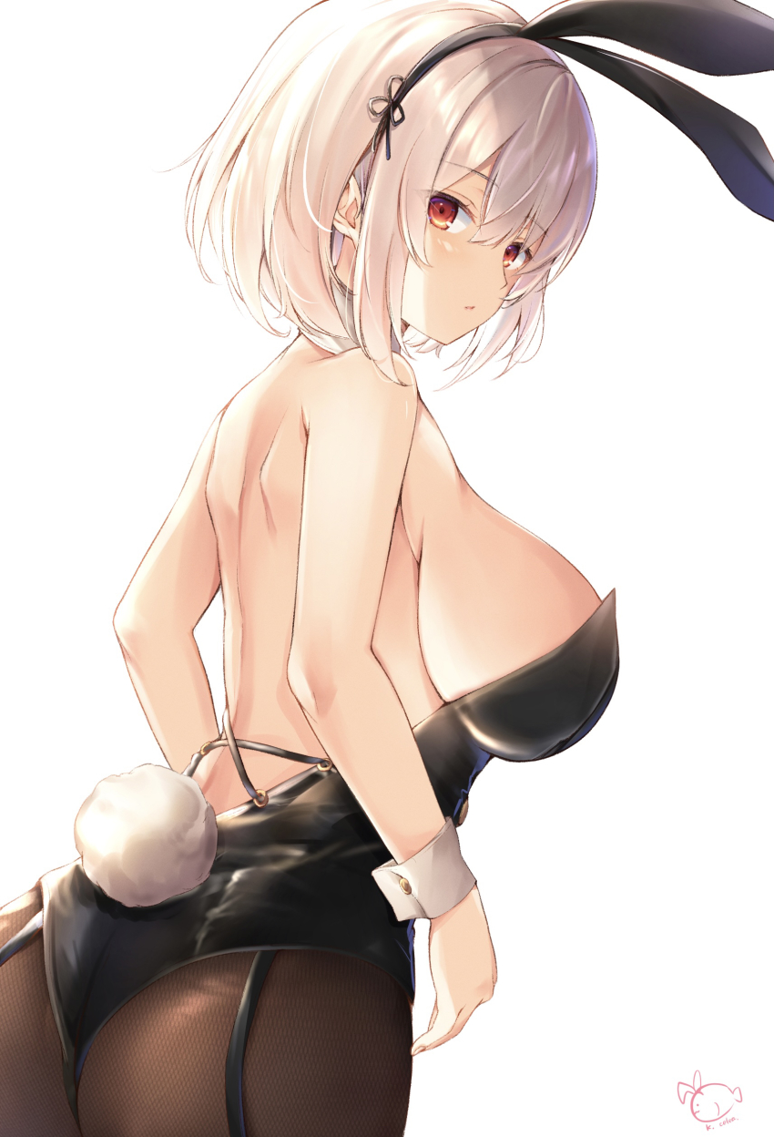 1girl, :o, absurdres, animal_ears, ass, azur_lane, back, bare_arms, bare_shoulders, black_leotard, breasts, brown_pantyhose, commentary_request, cowboy_shot, fake_animal_ears, fake_tail, fishnet_pantyhose, fishnets, from_behind, garter_straps, highres, kiri_celea, large_breasts, leotard, looking_at_viewer, looking_back, medium_hair, pantyhose, playboy_bunny, rabbit_ears, rabbit_tail, red_eyes, sidelocks, signature, silver_hair, simple_background, sirius_(azur_lane), solo, standing, strapless, strapless_leotard, tail, white_background, wrist_cuffs