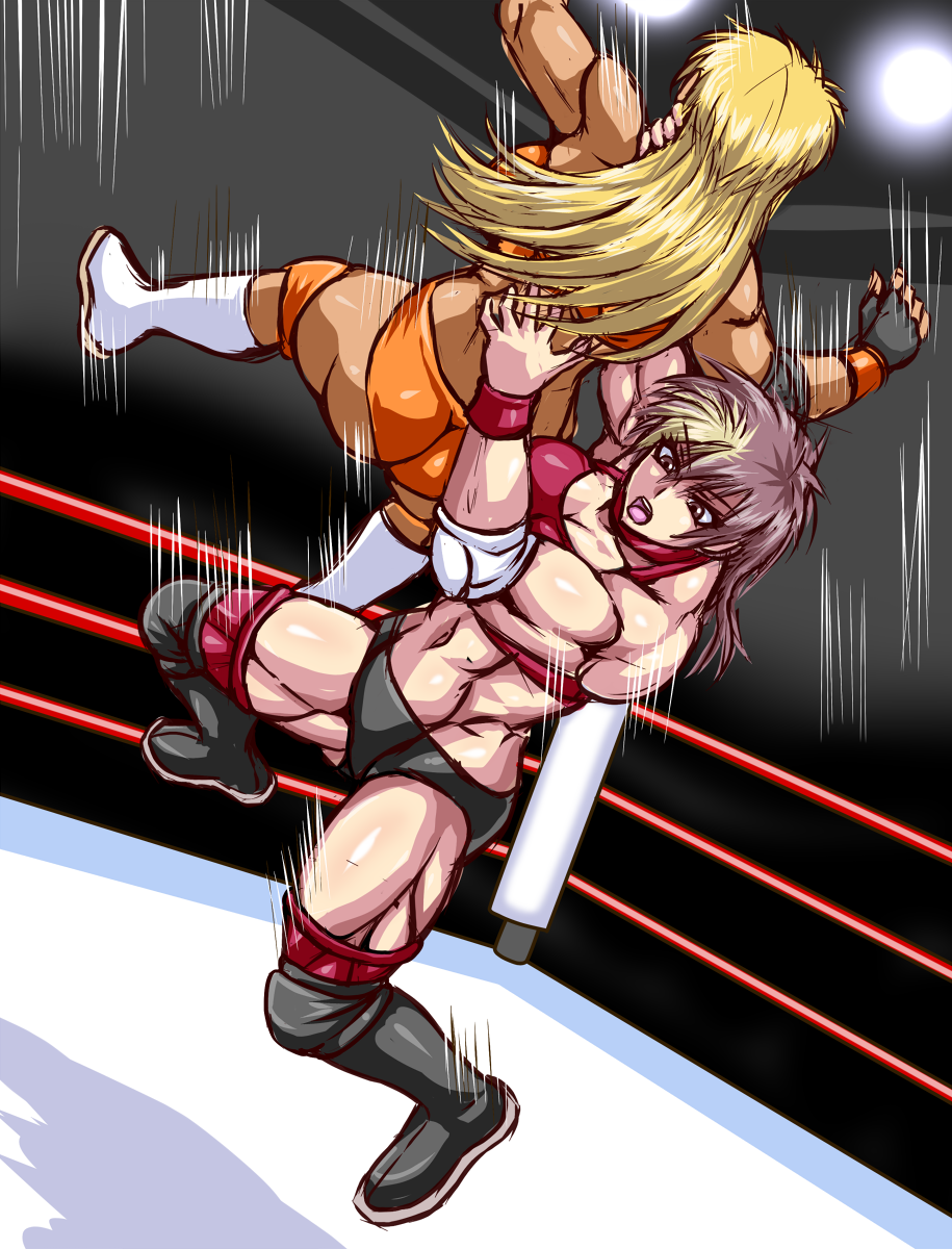 2girls, ass, blonde_hair, boots, brown_eyes, brown_hair, chokeslam, elbow_pads