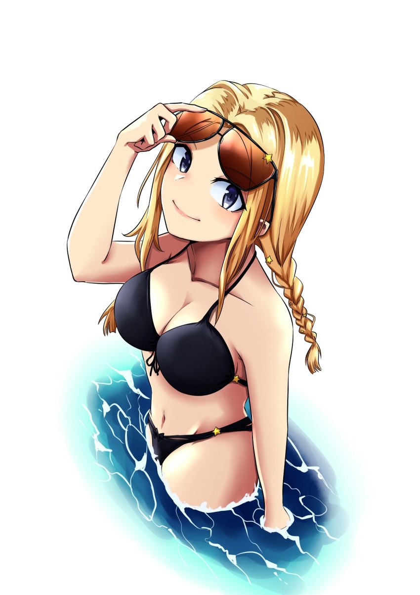 1girl, bare_shoulders, bikini, black_bikini, blonde_hair, blue_eyes, braid, collarbone