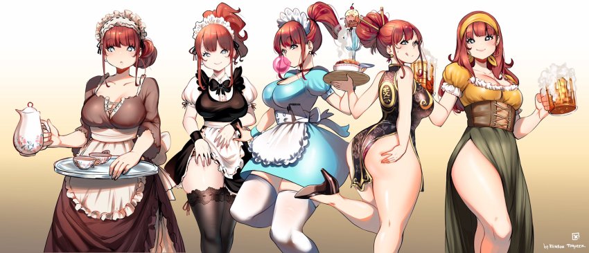 1girl, apron, ass, beer_mug, black_thighhighs, blowing_bubble_gum, blowing_bubbles, blue_dress