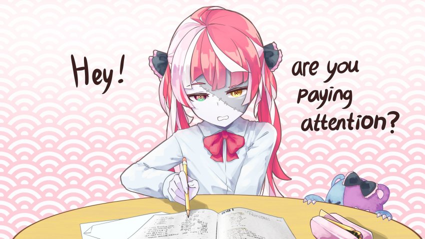 1girl, ahoge, alternate_costume, alternate_hairstyle, annoyed, blouse, book, bow