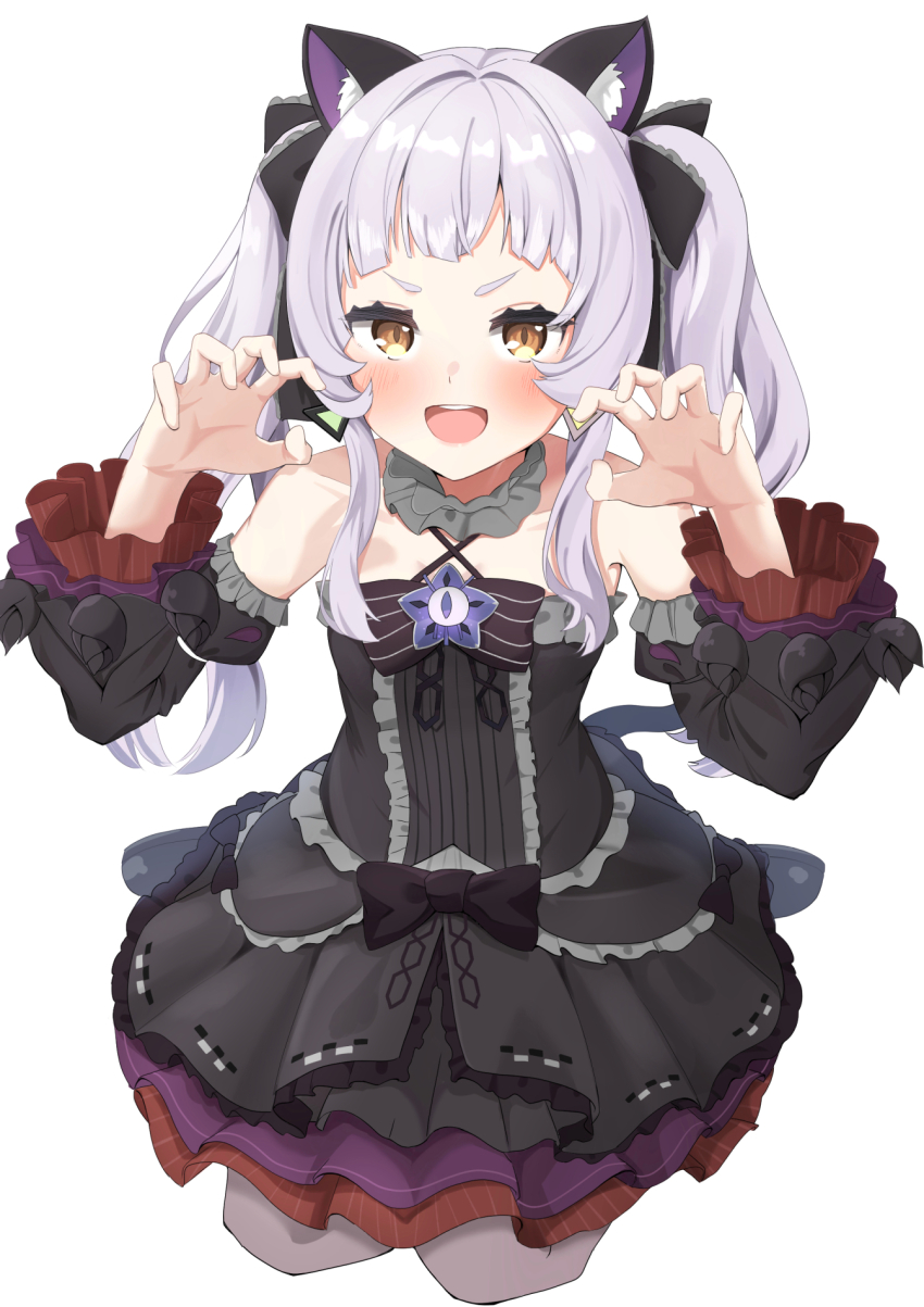 1girl, animal_ears, backy1005, black_bow, black_dress, black_sleeves, blunt_bangs, blush