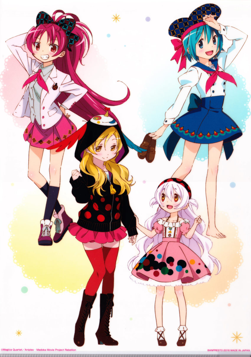 4girls, absurdres, adapted_costume, alternate_costume, alternate_hairstyle, argyle_clothes, argyle_skirt, arm_at_side