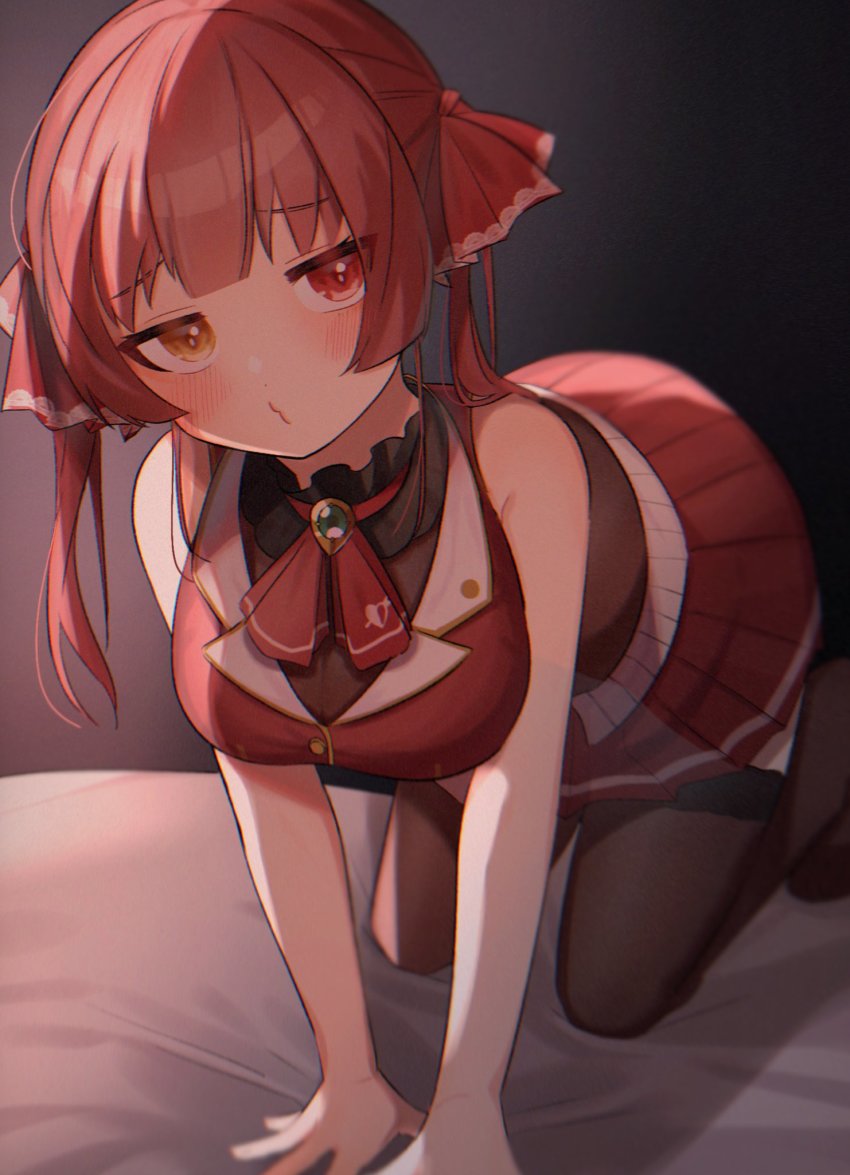 1girl, 852_box, all_fours, ascot, bare_arms, bed_sheet, black_choker, blurry, blurry_background, blurry_foreground, blush, breasts, brooch, brown_thighhighs, buttons, choker, cleavage, commentary_request, cropped_jacket, depth_of_field, frilled_choker, frilled_shirt_collar, frills, full_body, gold_trim, hair_ribbon, head_tilt, heterochromia, highres, hololive, houshou_marine, houshou_marine_(1st_costume), jacket, jewelry, jitome, large_breasts, leaning_forward, leotard, leotard_under_clothes, long_hair, looking_at_viewer, miniskirt, no_shoes, pleated_skirt, puckered_lips, red_ascot, red_eyes, red_hair, red_jacket, red_ribbon, red_skirt, ribbon, see-through_clothes, see-through_cleavage, see-through_leotard, shadow, skirt, sleeveless, sleeveless_jacket, solo, thighhighs, twintails, two-tone_skirt, virtual_youtuber, yellow_eyes