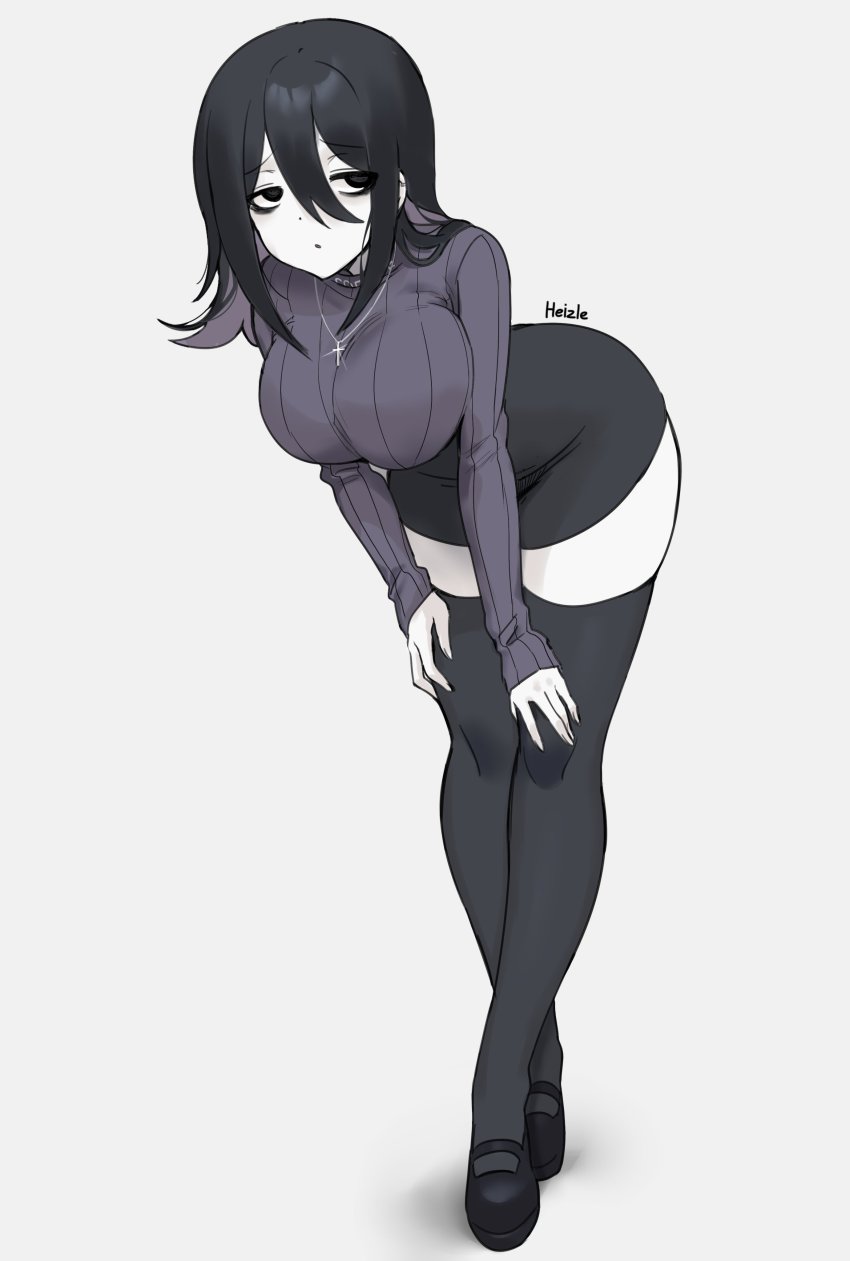 1girl, :o, absurdres, bags_under_eyes, bent_over, black_eyes, black_hair, black_shoes, black_skirt, black_thighhighs, breasts, colored_skin, cross, cross_necklace, crossed_ankles, dot_nose, facing_viewer, full_body, gloom_(expression), goth_fashion, grey_background, hair_behind_ear, hair_between_eyes, hands_on_own_knees, heizle, highres, jewelry, large_breasts, leaning_forward, long_hair, long_sleeves, looking_at_viewer, looking_to_the_side, mary_janes, miniskirt, necklace, oh_(aung_ae), original, pale_skin, pencil_skirt, purple_sweater, ribbed_sweater, shoes, simple_background, skirt, sleeves_past_wrists, solo, standing, sweater, sweater_tucked_in, thighhighs, trad_goth, vertical-striped_sweater, white_skin, zettai_ryouiki