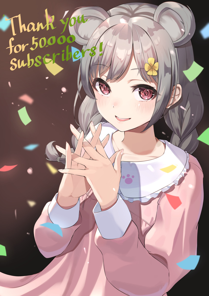 1girl, absurdres, animal_ears, braid, commission, confetti, english_text, flower, grey_hair, hair_flower, hair_ornament, highres, indie_virtual_youtuber, koala_ears, koala_girl, light_blush, long_hair, milestone_celebration, parted_lips, pixiv_commission, red_eyes, ringopan, teeth, thank_you, twin_braids, upper_teeth_only, virtual_youtuber, yuuka_bear
