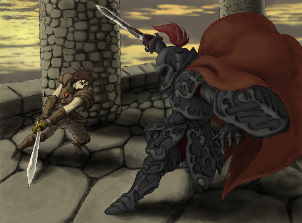 2boys, armor, bad_id, bad_pixiv_id, battle, brown_hair, cape, dark_lord