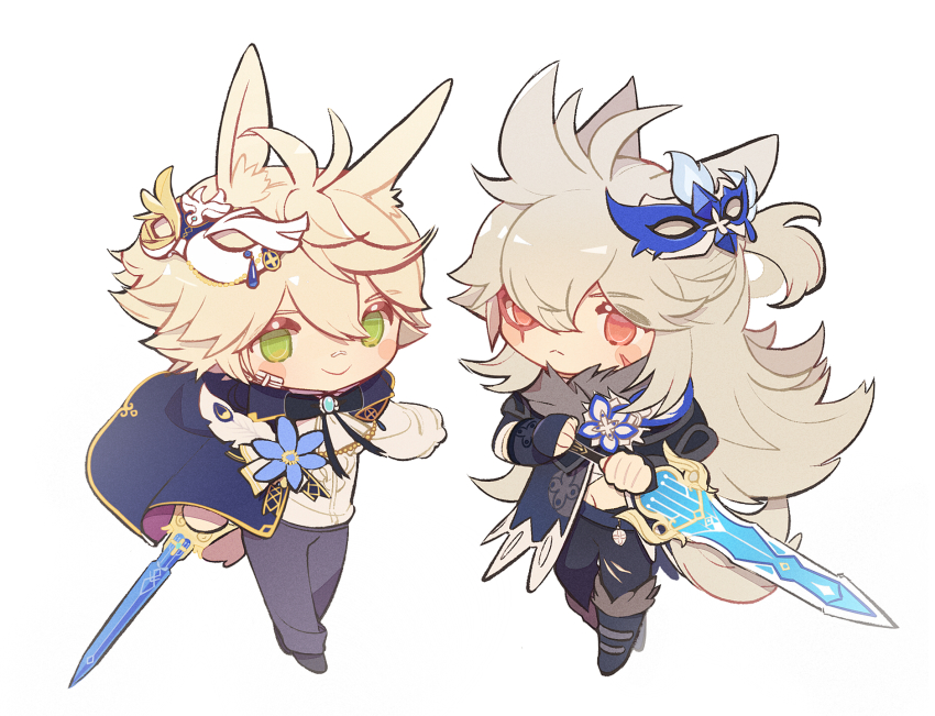 2boys, :<, alternate_costume, animal_ears, bennett_(genshin_impact), blonde_hair, blue_flower, blush