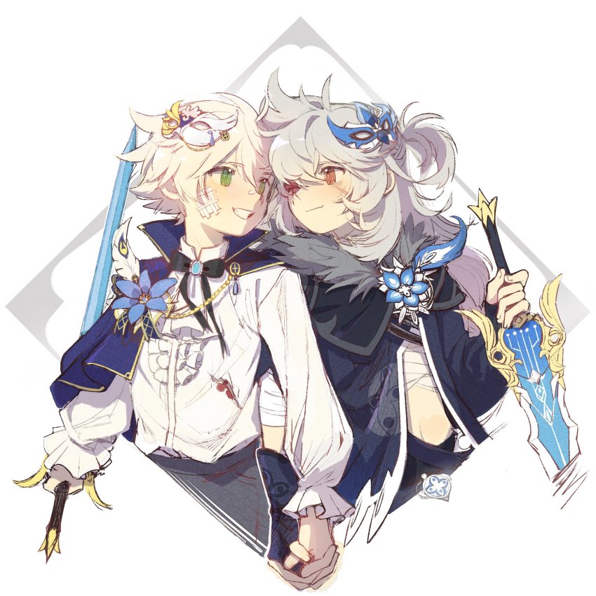 2boys, alternate_costume, bandages, bennett_(genshin_impact), blood, blood_on_clothes, blue_flower, blush