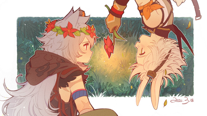 2boys, animal, animal_ears, animal_on_head, arm_scarf, bandaid, bandaid_on_face, bandaid_on_nose