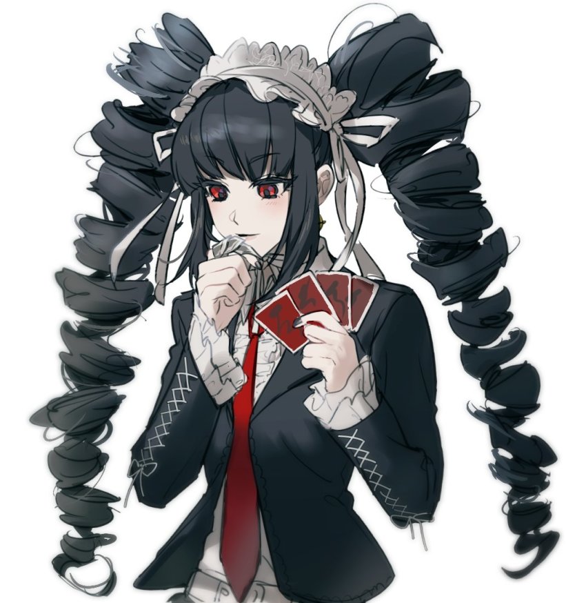 1girl, black_hair, black_jacket, black_nails, blunt_bangs, blush, bonnet, card