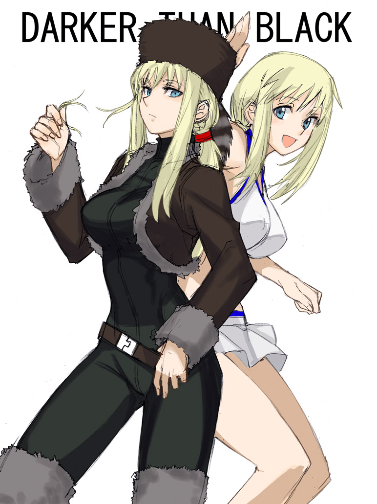 00s, 2girls, back-to-back, belt, blonde_hair, blue_eyes, breasts, coat