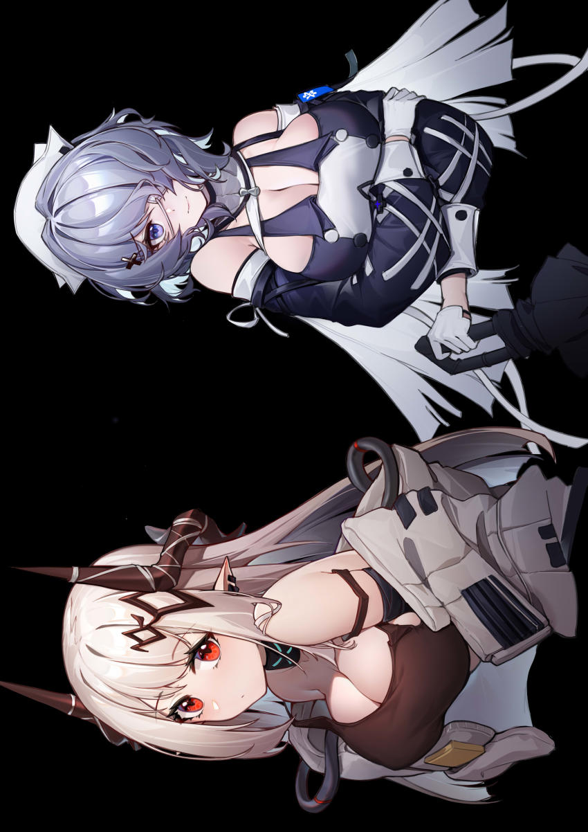 2girls, absurdres, arknights, black_background, black_dress, breasts, cleavage, closed_mouth