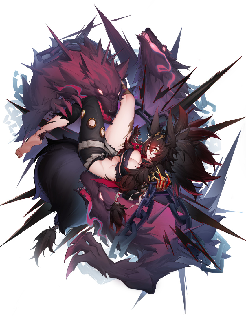 1girl, absurdres, animal_ears, asymmetrical_clothes, bandeau, barefoot, black_hair, black_pants