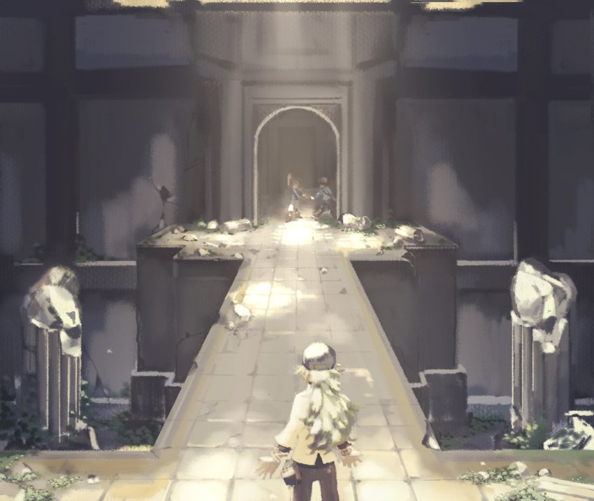 3boys, arch, arm_up, bangle, baseball_cap, black_headwear, blue_jacket, bracelet