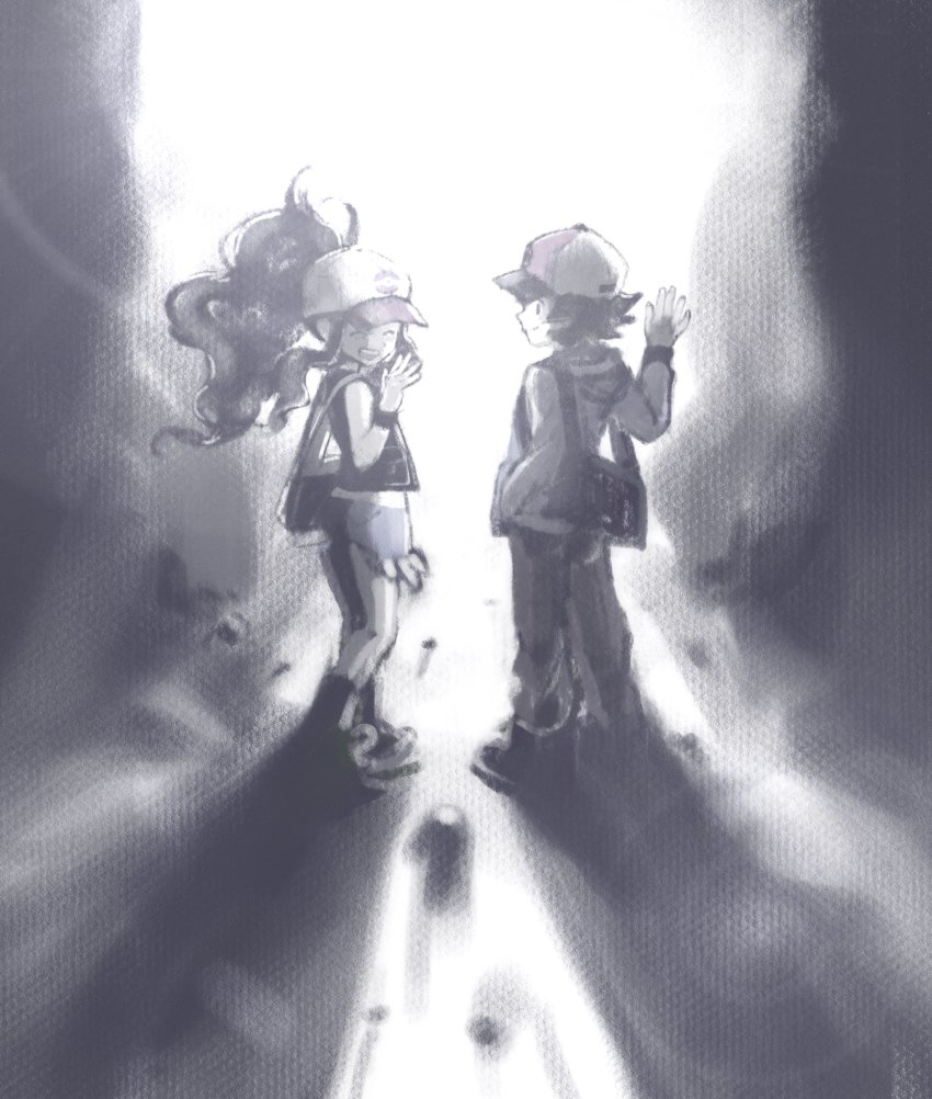 1boy, 1girl, :d, bag, baseball_cap, closed_eyes, closed_mouth, hand_up