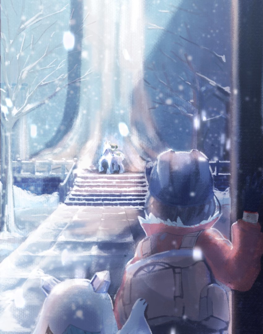 1girl, backpack, bag, bare_tree, black_gloves, black_headwear, blurry, brown_hair, calyrex, calyrex_(rider), commentary_request, dynamax_band, expedition_uniform, froslass, fur-trimmed_jacket, fur_trim, gen_4_pokemon, gen_8_pokemon, gloria_(pokemon), gloves, hand_up, helmet, highres, jacket, legendary_pokemon, long_sleeves, nintendo, orange_jacket, outdoors, pokemon, pokemon_(creature), pokemon_sword_and_shield, snowing, tftf649e, tree