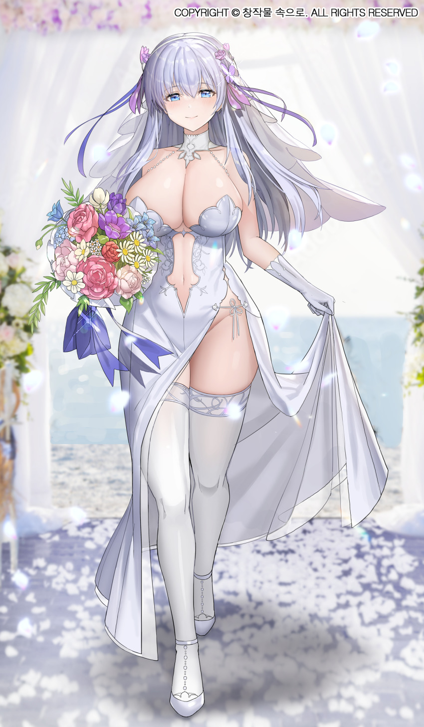 1girl, absurdres, bare_shoulders, blue_eyes, blurry, blurry_background, bouquet, breasts, bridal_gauntlets, bridal_veil, bride, character_request, cleavage, clothes_lift, clothing_cutout, collarbone, copyright_notice, copyright_request, depth_of_field, dress, dress_lift, female_focus, flower, full_body, gloves, hair_between_eyes, hair_flower, hair_ornament, high_heels, highres, huge_breasts, jaeyun, long_hair, looking_at_viewer, navel_cutout, no_panties, petals, revealing_clothes, shiny_skin, smile, solo, thighhighs, thighs, veil, wedding_dress, white_dress, white_footwear, white_gloves, white_thighhighs