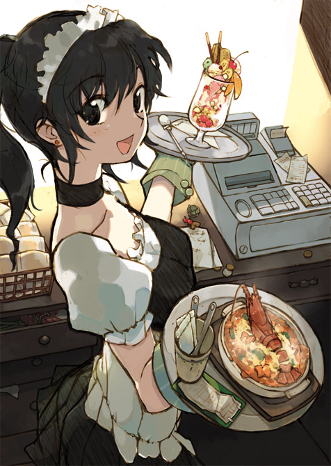 1girl, :d, bad_id, bad_pixiv_id, black_eyes, black_hair, cash_register, choker, crustacean, earrings, female_focus, food, gloves, ishikawa_mami, jewelry, lobster, north_carolina_ameko, open_mouth, original, ponytail, smile, solo, waitress