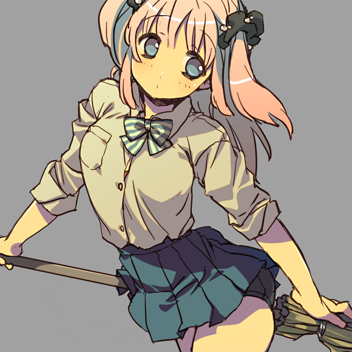 1girl, bad_id, bad_pixiv_id, blue_eyes, bow, bowtie, broom, broom_riding