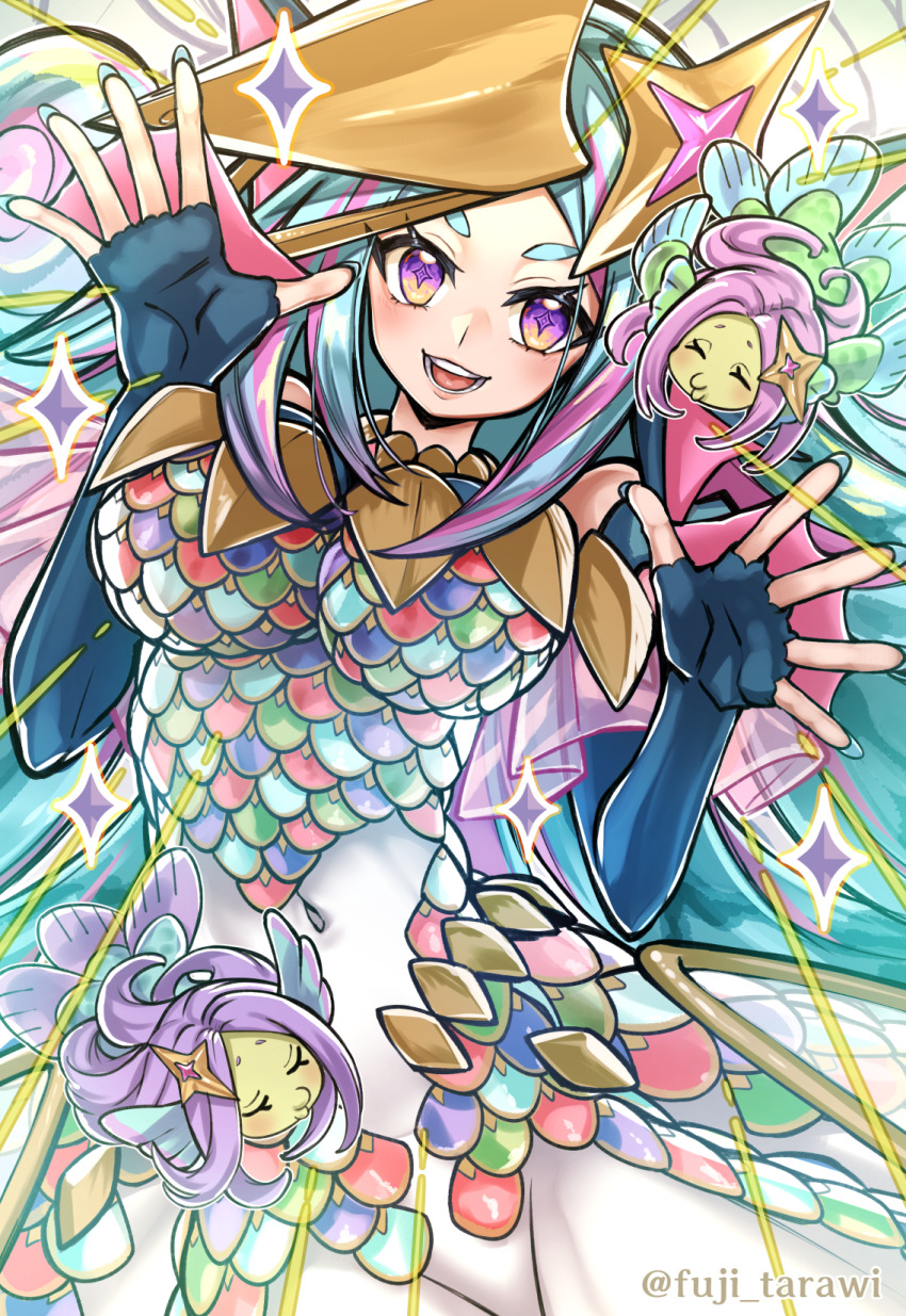 +_+, 1girl, :d, amabie_(yu-gi-oh!), aqua_hair, aqua_nails, armor, black_gloves, blush, bodysuit, breasts, commentary_request, covered_navel, cowboy_shot, creature, curly_hair, duel_monster, elbow_gloves, emphasis_lines, fingernails, fins, fuji_tarawi, gloves, hands_up, head_fins, headgear, highres, large_breasts, long_fingernails, long_hair, looking_at_viewer, mermaid, monster_girl, multicolored_eyes, multicolored_hair, multiple_tails, nail_polish, open_hands, open_mouth, parted_bangs, partial_commentary, purple_eyes, purple_hair, scale_armor, scales, sidelocks, smile, solo_focus, sparkle, streaked_hair, tail, teeth, thick_eyebrows, twitter_username, two-tone_hair, very_long_hair, webbed_hands, yellow_eyes, yu-gi-oh!