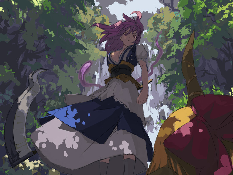 2girls, bow, breasts, cleavage, female_focus, from_below, horns, ibuki_suika