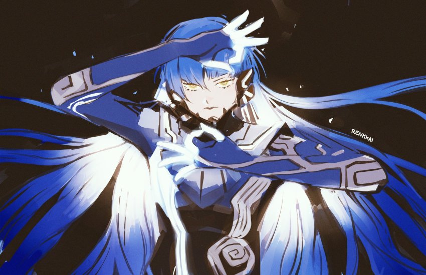 1boy, alternate_costume, blue_bodysuit, bodysuit, highres, long_hair, looking_at_viewer, male_focus