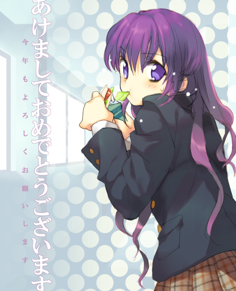 1girl, bad_id, bad_pixiv_id, blazer, eating, female_focus, food, indoors