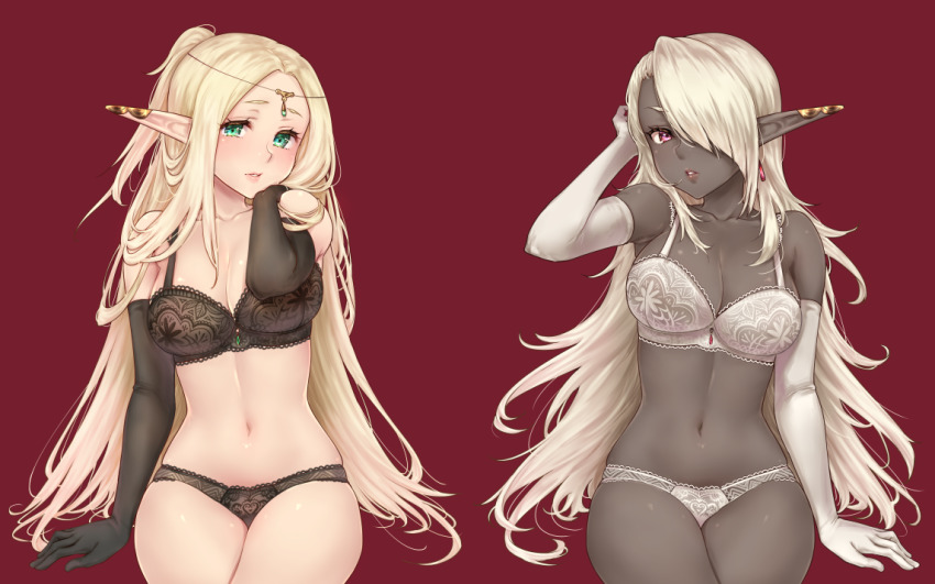 2girls, arm_up, bare_shoulders, black_bra, black_gloves, black_panties, blonde_hair, blush, bra, breasts, cleavage, collarbone, colored_skin, commentary_request, dark-skinned_female, dark_elf, dark_skin, earrings, elbow_gloves, elf, etrian_odyssey, gloves, green_eyes, grey_skin, hair_over_one_eye, jewelry, kazabuki_poni, lace, lace-trimmed_bra, lace-trimmed_panties, lace_trim, large_breasts, lips, long_hair, looking_at_viewer, multiple_girls, navel, panties, parted_lips, pointy_ears, ponytail, purple_eyes, red_background, sekaiju_no_meikyuu, sekaiju_no_meikyuu_5, simple_background, sitting, underwear, underwear_only, very_long_hair, warlock_(sekaiju), warlock_2_(sekaiju), warlock_4_(sekaiju), white_bra, white_gloves, white_hair, white_panties