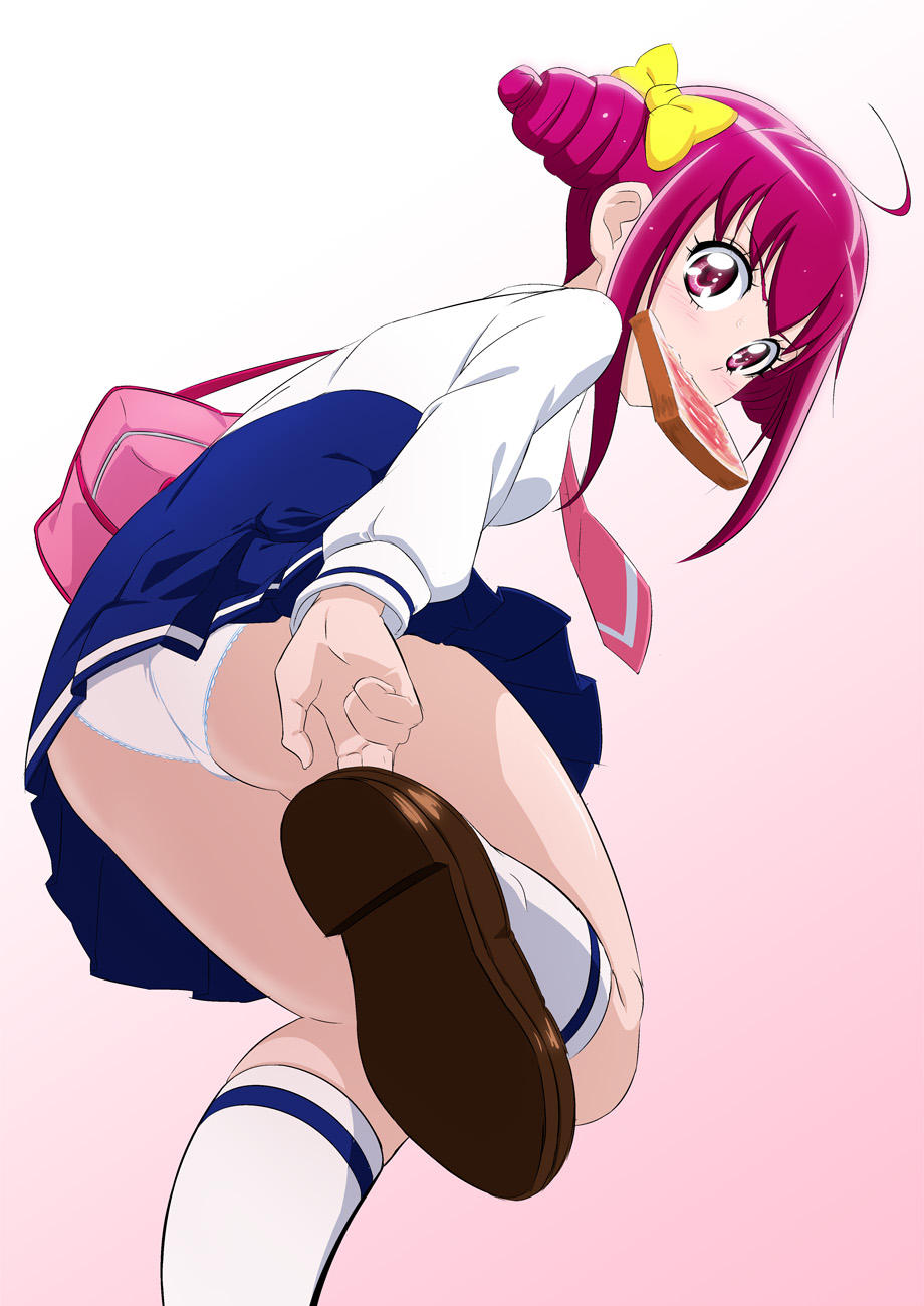 1girl, adjusting_footwear, ahoge, ass, bag, blue_skirt, bow, bread, bread_slice, brown_shoes, carrying, dress_shirt, food, food_in_mouth, from_behind, fuchi_(nightmare), gradient_background, hair_bow, high-waist_skirt, highres, hoshizora_miyuki, lace, lace-trimmed_panties, lace_trim, leaning_forward, leg_up, loafers, long_sleeves, looking_at_viewer, looking_back, miniskirt, mouth_hold, nanairogaoka_middle_school_uniform, necktie, panties, pink_background, pink_eyes, pink_hair, pink_necktie, pleated_skirt, precure, school_bag, school_uniform, shirt, shoes, short_hair, short_twintails, single_horizontal_stripe, skirt, smile_precure!, socks, solo, standing, standing_on_one_leg, sweatdrop, toast, toast_in_mouth, trefoil, twintails, underwear, white_panties, white_shirt, white_socks, yellow_bow