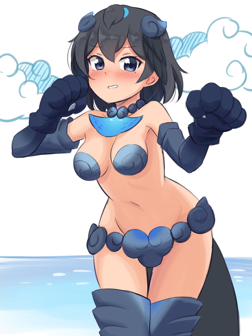 1girl, absurdres, adapted_costume, animal_hands, bare_shoulders, black_eyes, black_gloves, black_hair