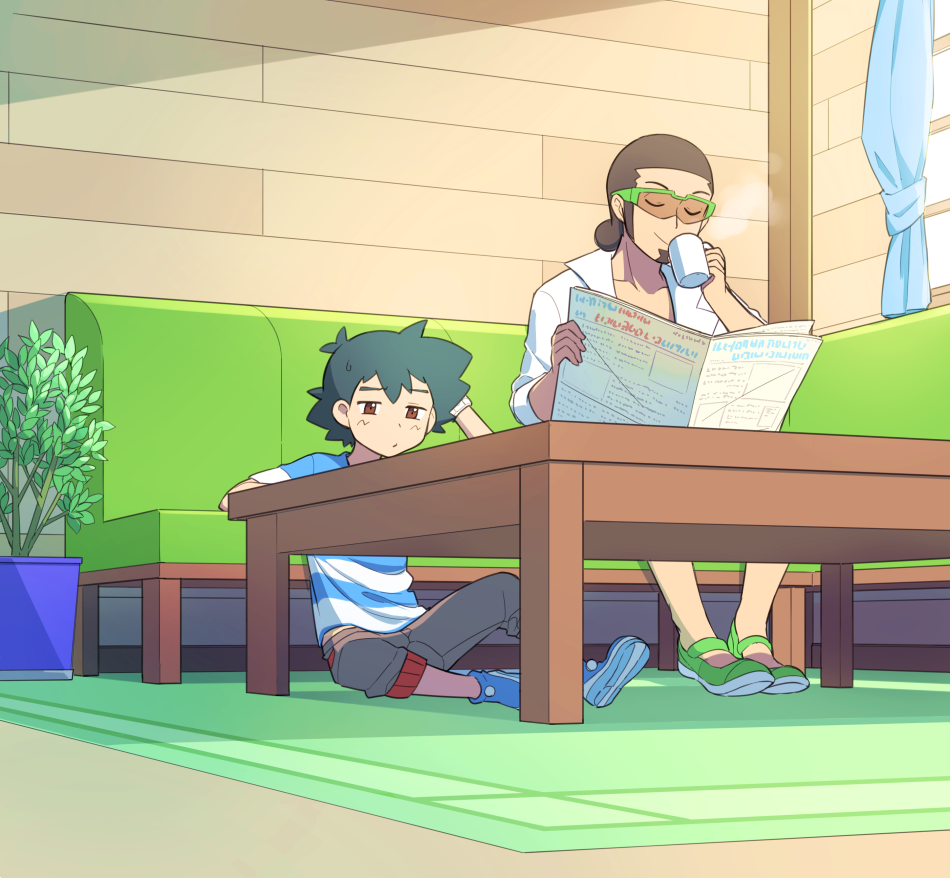 2boys, ame_(ame025), ash_ketchum, blue_footwear, blue_shirt, brown-tinted_eyewear, brown_eyes, brown_hair