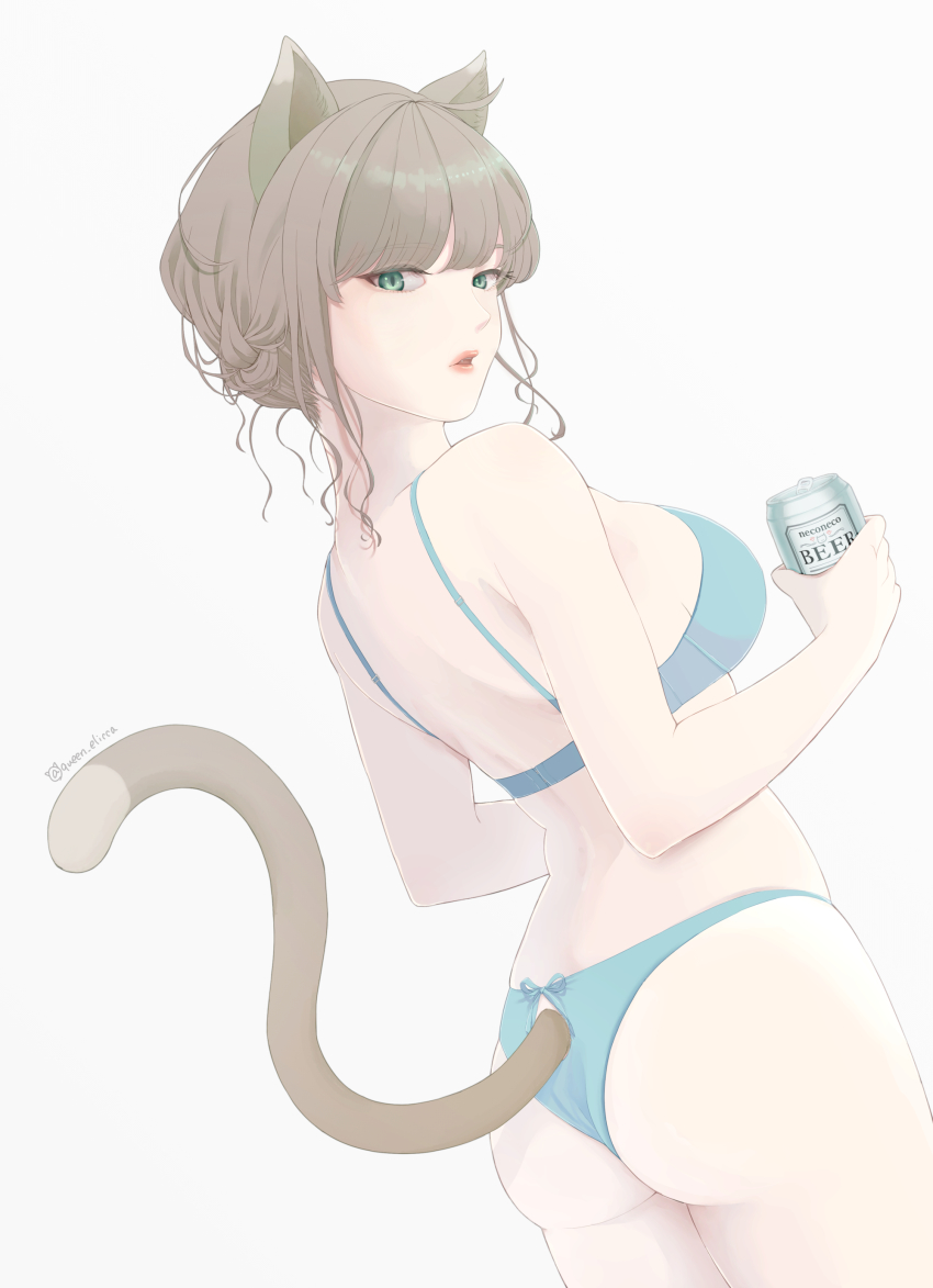 1girl, absurdres, ahoge, alcohol, animal_ears, ass, back, bare_shoulders