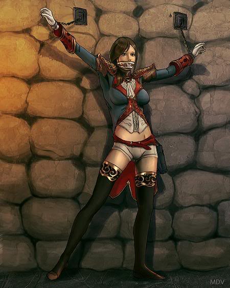 1girl, brown_hair, coat, coattails, cuffs, female_focus, gagged, granado_espada