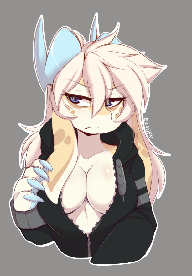 1girl, annoyed, artist_name, black_hoodie, blonde_hair, blue_eyes, breasts, cleavage