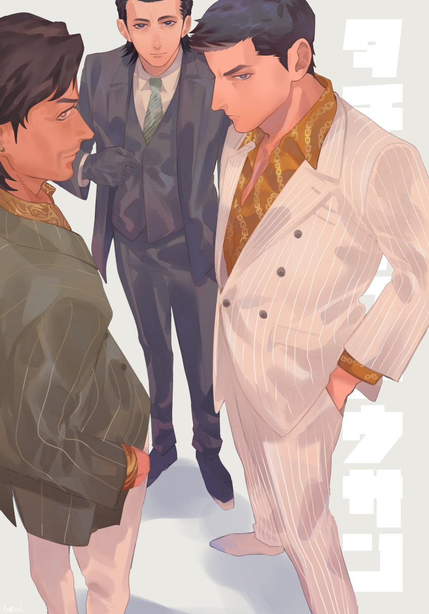 1980s_(style), absurdres, black_gloves, black_jacket, black_pants, blue_eyes, brown_hair, chain_print