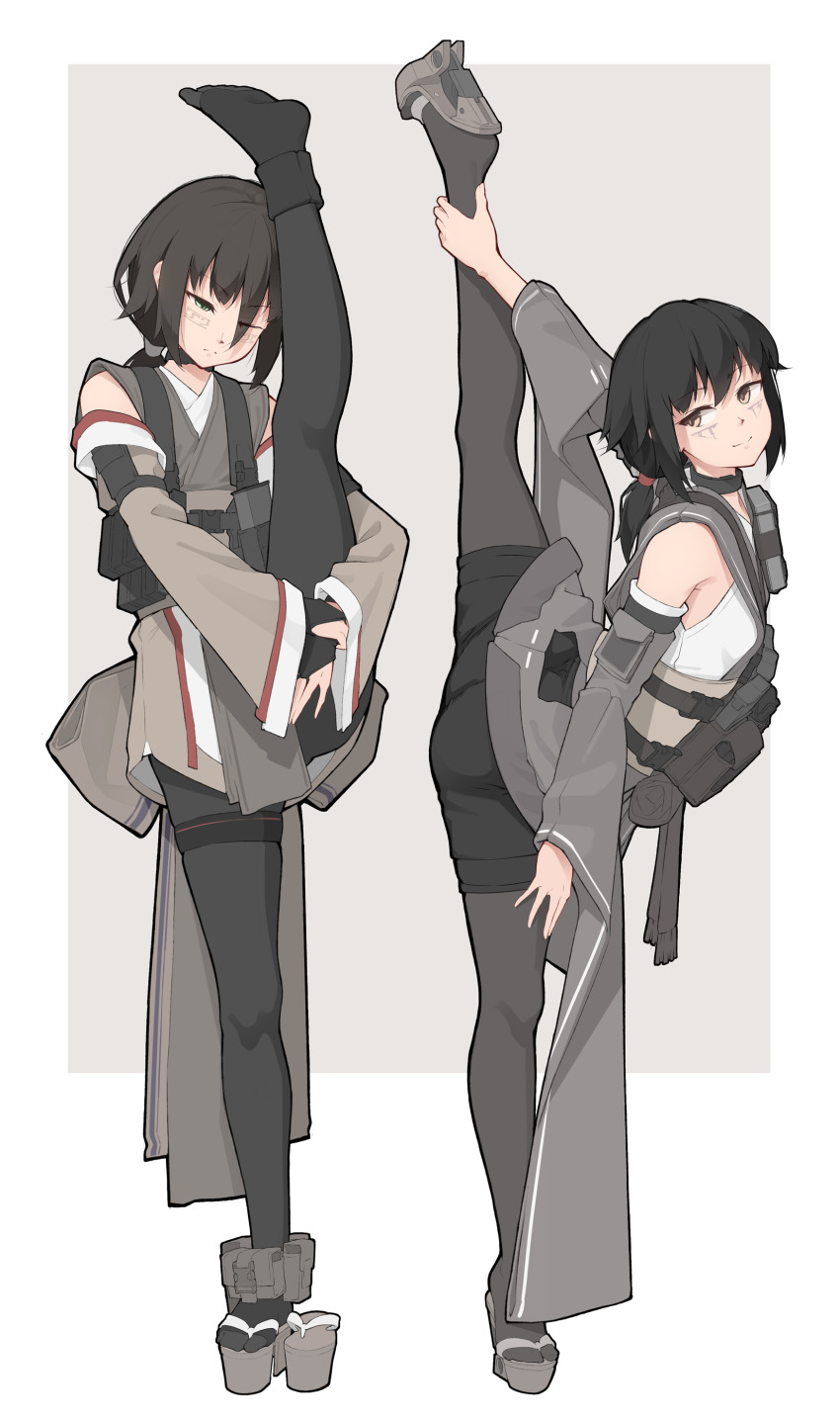 2girls, absurdres, black_hair, bridal_gauntlets, brown_eyes, brown_hair, green_eyes, highres, kenjuu_kiri, kuri_inuki, multiple_girls, original, pantyhose, platform_clogs, platform_footwear, platform_heels, ponytail, split, standing, standing_on_one_leg, standing_split, vectorek