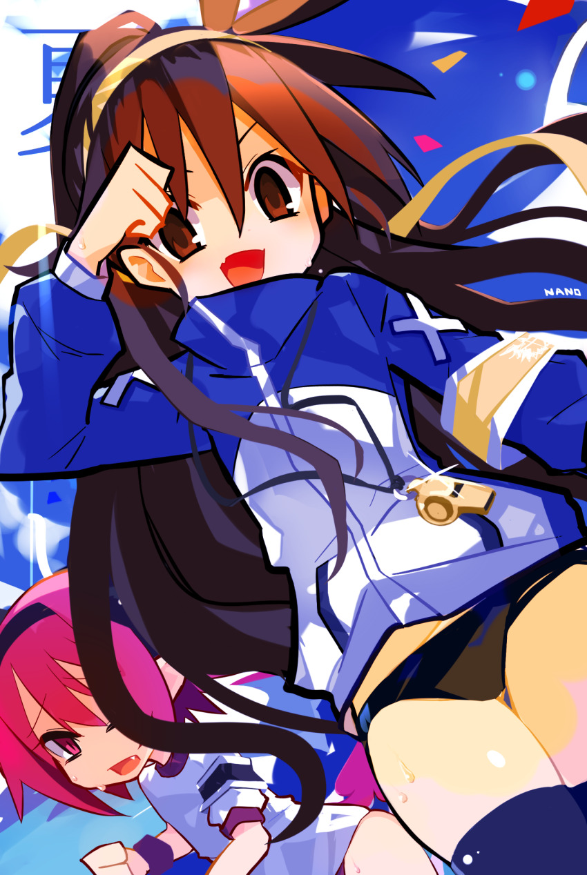 2girls, baseball_cap, blue_headwear, brown_eyes, brown_hair, buruma, disgaea, gym_uniform