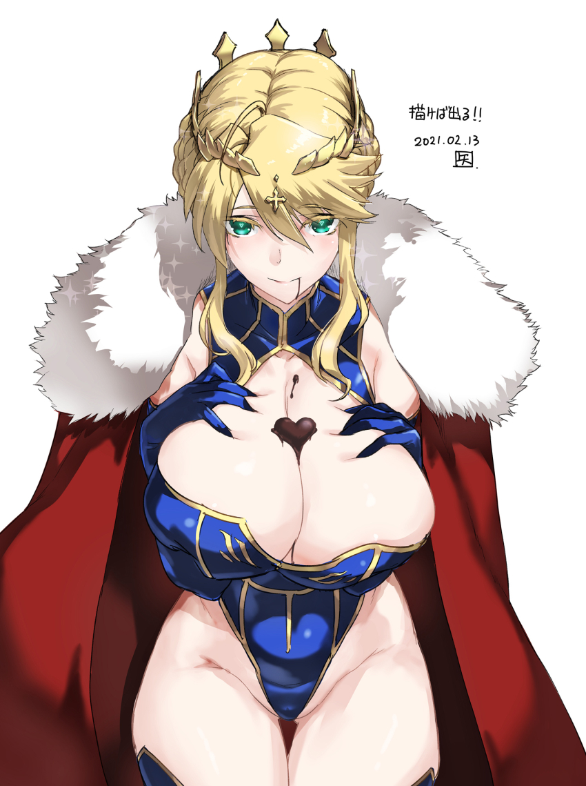 1girl, artoria_pendragon_(fate), artoria_pendragon_(lancer)_(fate), artoria_pendragon_(lancer)_(third_ascension)_(fate), bare_shoulders, blonde_hair, blue_gloves, blue_leotard, blue_thighhighs, braid, breasts, candy, cape, chocolate, chocolate_heart, chocolate_on_body, chocolate_on_breasts, cleavage, cleavage_cutout, clothing_cutout, crown, deep_skin, elbow_gloves, fate/grand_order, fate_(series), food, food_on_body, french_braid, fur_collar, gloves, green_eyes, hair_between_eyes, hands_on_own_chest, heart, heattech_leotard, highleg, highleg_leotard, highres, large_breasts, leotard, long_hair, looking_at_viewer, red_cape, sidelocks, smile, solo, sparkle, thighhighs, thighs, tooya_daisuke, turtleneck
