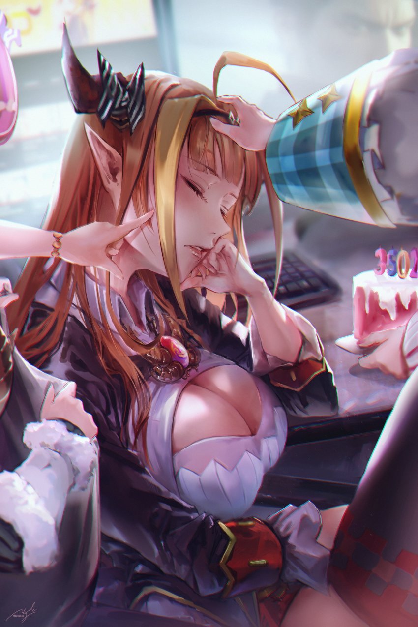 5girls, absurdres, ahoge, amane_kanata, angel, birthday_cake, black_jacket, blanket