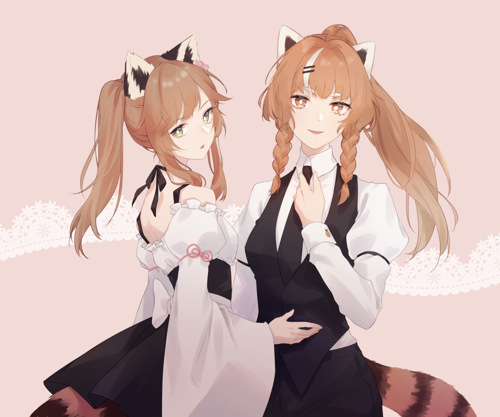 2girls, adjusting_clothes, adjusting_necktie, anya_pandaria, arm_ribbon, armband, black_pants, bobby_pin