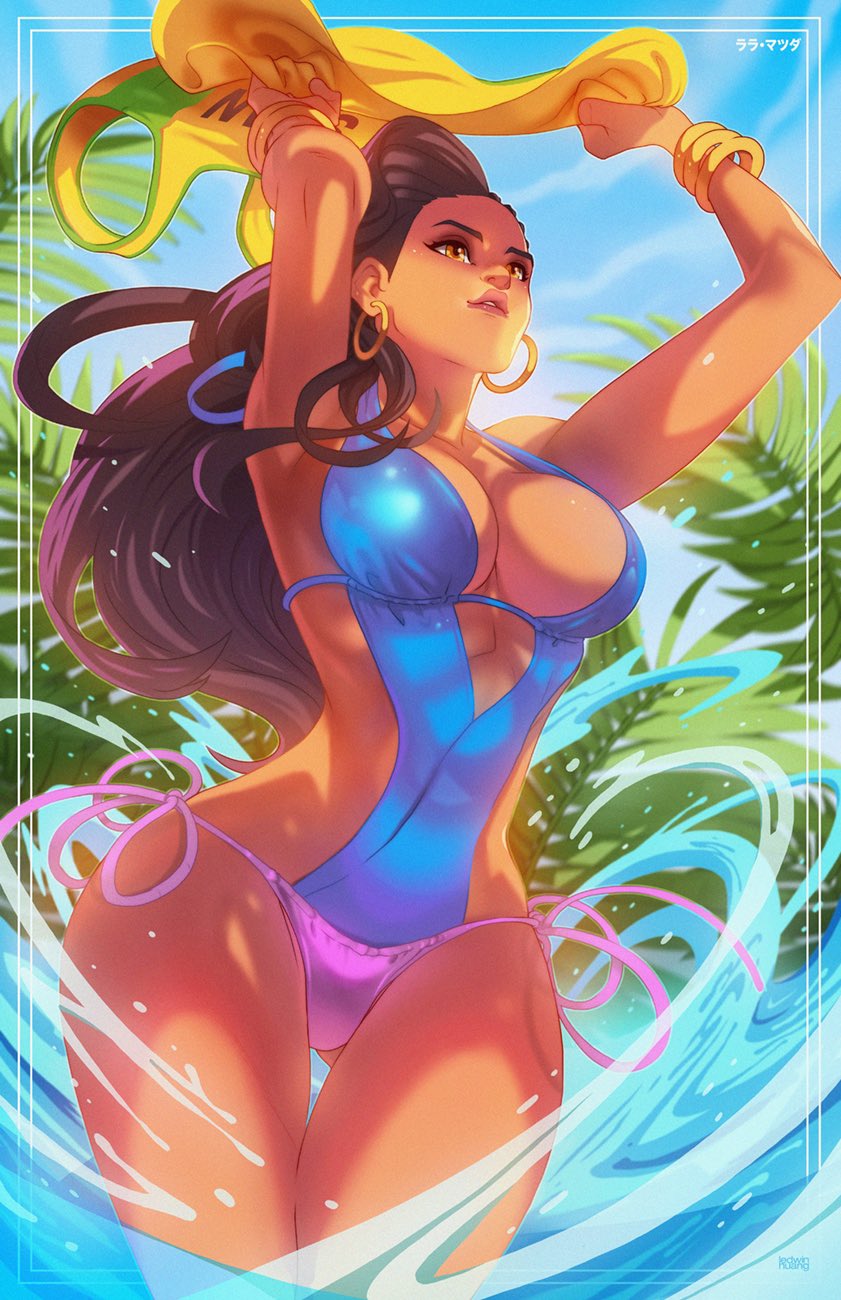 1girl, armpits, arms_up, asymmetrical_hair, bangle, black_hair, blue_one-piece_swimsuit, bracelet