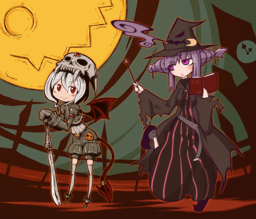 2girls, artist_collaboration, bat_wings, book, chibi, embodiment_of_scarlet_devil, female_focus, halloween