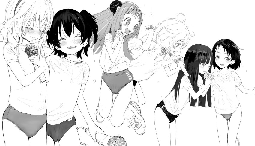 6+girls, akagi_miria, animal_ears, black_hair, bow, cameltoe, closed_eyes, double_vertical_stripe, fake_animal_ears, greyscale, gym_uniform, hair_bow, hair_ornament, hairpin, highres, hime_cut, holding_hands, ichihara_nina, idolmaster, idolmaster_cinderella_girls, idolmaster_cinderella_girls_starlight_stage, jumping, long_hair, microphone, monochrome, mouse_ears, multiple_girls, rabbit_hair_ornament, sajo_yukimi, sakurai_momoka, sasaki_chie, shirt, shirt_tucked_in, short_hair, short_sleeves, sweat, wet, wet_clothes, xyh, yusa_kozue
