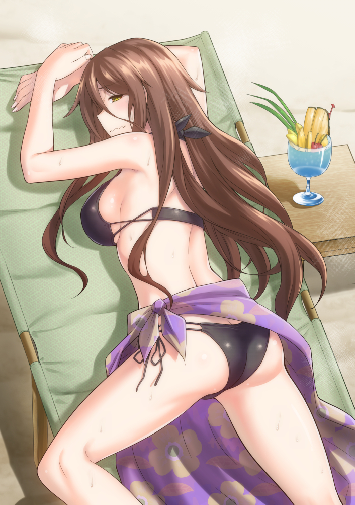 1girl, ass, bikini, black_bikini, blush, breasts, brown_eyes, brown_hair, commentary_request, cup, food, grimm_(sentouin_hakenshimasu!), kiasa, large_breasts, long_hair, lying, on_stomach, purple_sarong, sarong, sentouin_hakenshimasu!, sideboob, solo, swimsuit, wavy_mouth